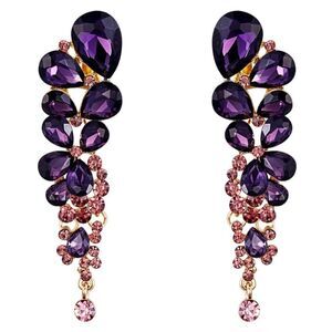 Yellow Gold with Amethyst Austrian Crystal Chandelier Statement Clip On Earrings
